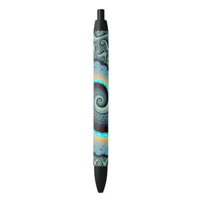 Stylo Noir Art fractal spirale abstrait bleu turquoise orange (devant Vertical)