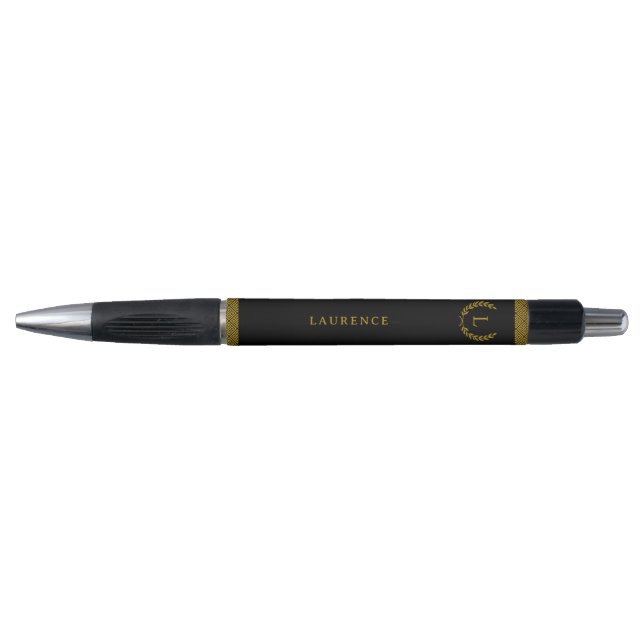 Stylo noir avec nom en monogramme et laurier en or (Devant)