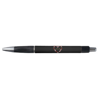 Stylo Noir avec un cœur floral rose et rouge