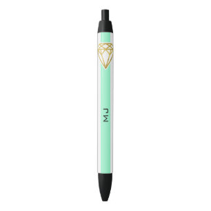 Stylo Noir Bandes de menthe avec diamant d'huile d'or