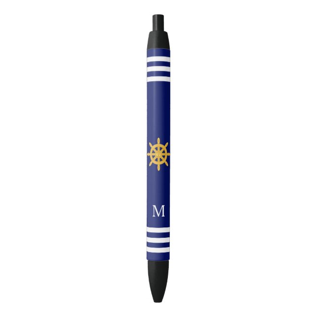 Stylo Noir Barre à roue et monogramme sur fond bleu (devant Vertical)