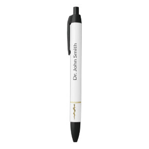 Stylo Noir Bâton d'Asclepius Médical Or sur Fond Blanc Élégan