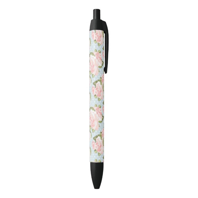 Stylo Noir Beau motif de rose avec le pois bleu (Bas (Vertical))