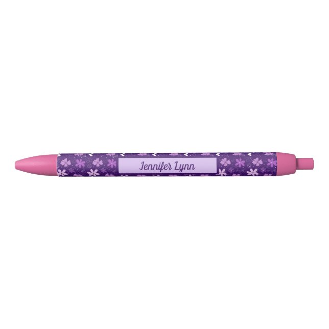 Stylo Noir Belle Fille Florale Violet Personnalisée (Devant)
