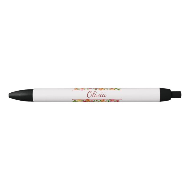 Stylo Noir Belles fleurs colorées d'aquarelle (Devant)