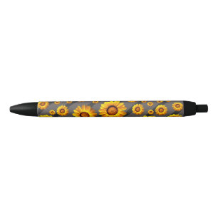 Stylo Noir Belles fleurs jaunes sur gris, rayures noires