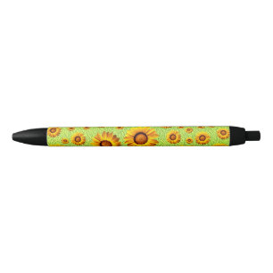 Stylo Noir Belles fleurs jaunes sur vert abstrait