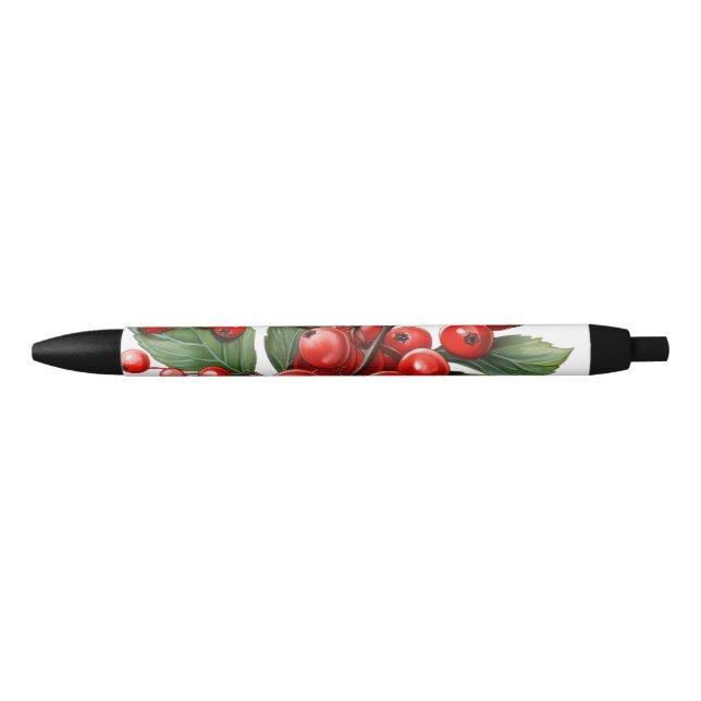 Stylo Noir Berries rouges vibreuses aux Feuilles verts luxuri (Devant)
