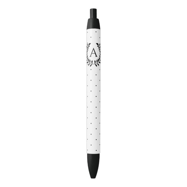 Stylo Noir Black And White Laurel Monogram Polka Dot Pattern (devant Vertical)
