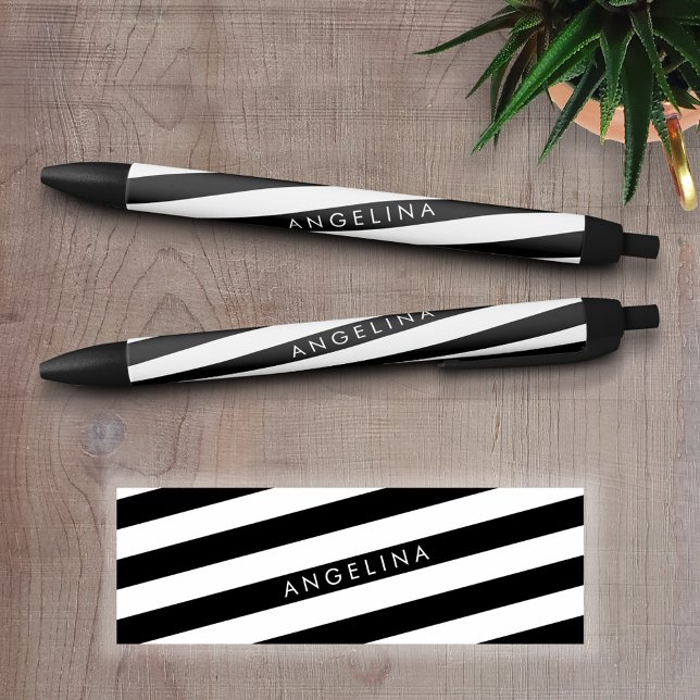 Stylo Noir Black and White Striped (Personalized Writing Pens - add your name, monogram or other text)