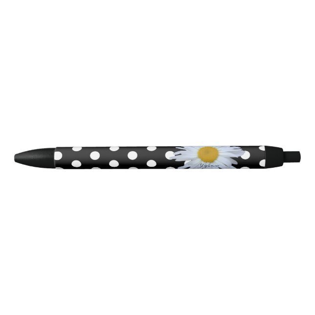 Stylo Noir Black Chic Blanc Pois Fun Daisy Personnalisé (Devant)