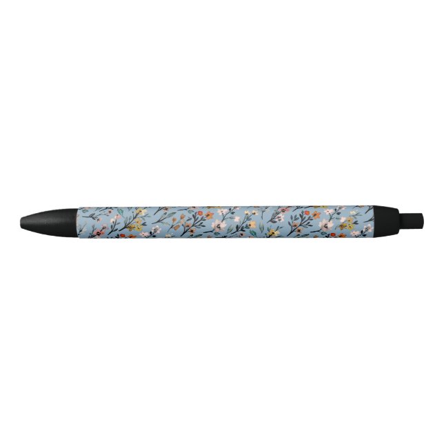 Stylo Noir Bleu clair Boho Chic Aquarelle Florale (Devant)