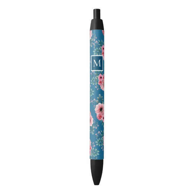 Stylo Noir Bleu océan | Chic Aquarelle Floral Monogramme (devant Vertical)