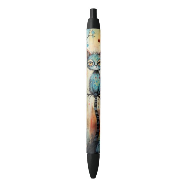 Stylo Noir Bleu Quirky Chat Whimsical Big Eyes Écriture (devant Vertical)