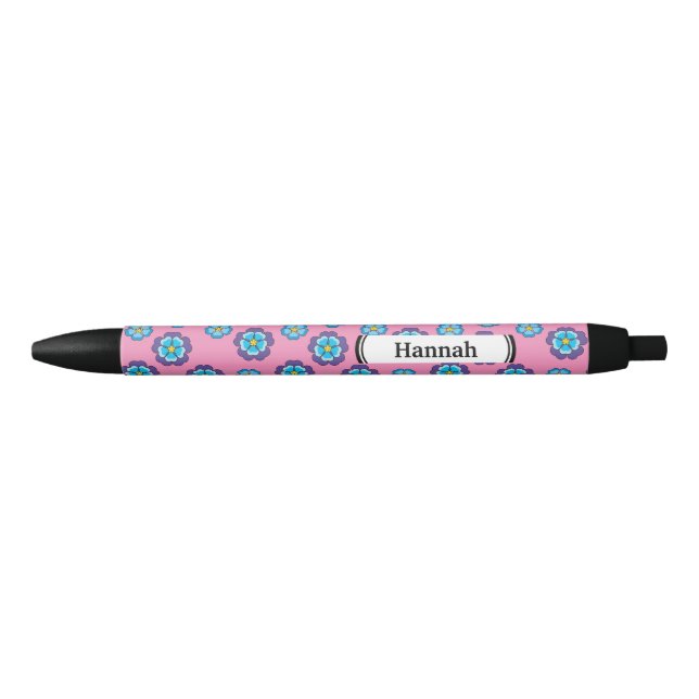Stylo Noir Bleu Violet rose motif floral | Personnaliser (Devant)