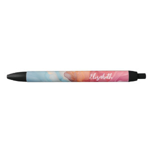 Stylo Noir Blue Coral Alcohol Ink Swirl Nom personnalisé