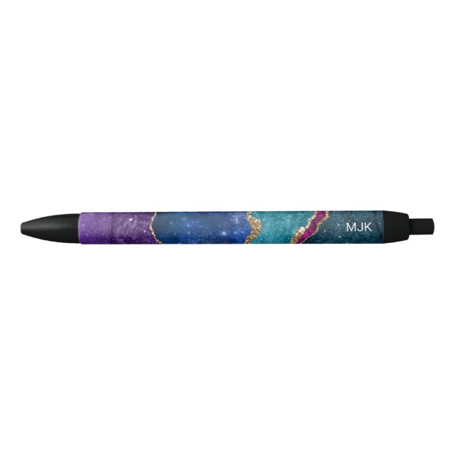 Stylo Noir Blue Purple Aqua Gold Veines Agate Monogramme (Devant)