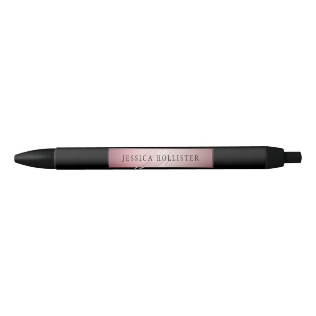Stylo Noir Blush Élégant Faux Or Rose | Nom & Initiales (Devant)
