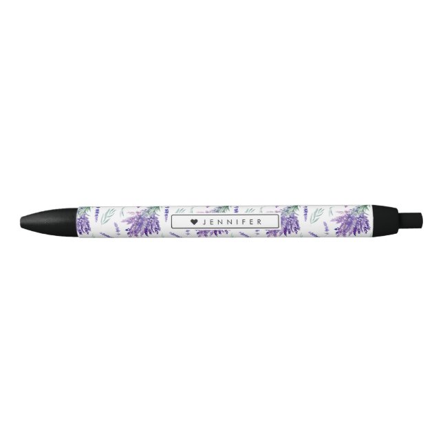 Stylo Noir Bouquet floral Lavande d'aquarelle personnalisé (Devant)