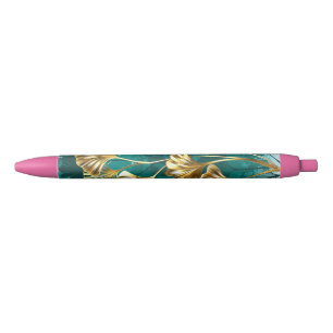 Stylo Noir Branche avec Feuilles d'or Ginko Biloba