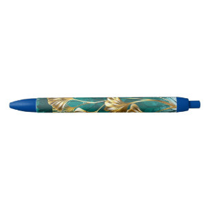 Stylo Noir Branche avec Feuilles d'or Ginko Biloba