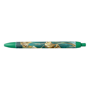 Stylo Noir Branche avec Feuilles d'or Ginko Biloba
