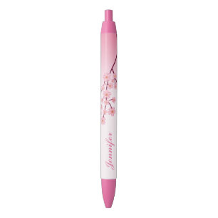 Stylo Noir Branche de Sakura Rose avec Nom Personnalisé