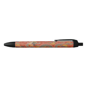 Stylo Noir Brocade satinée rouge avec dragon chinois nuageux