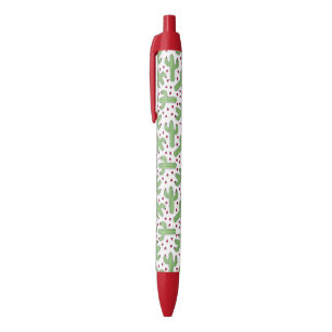 Stylo Noir Cactus illustré et motif de fleurs rose