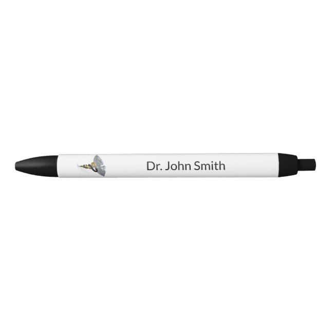 Stylo Noir Caducée argent médical noir or (Devant)