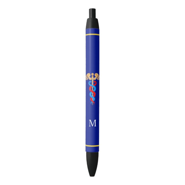 Stylo Noir Caducée et monogramme sur fond bleu (devant Vertical)