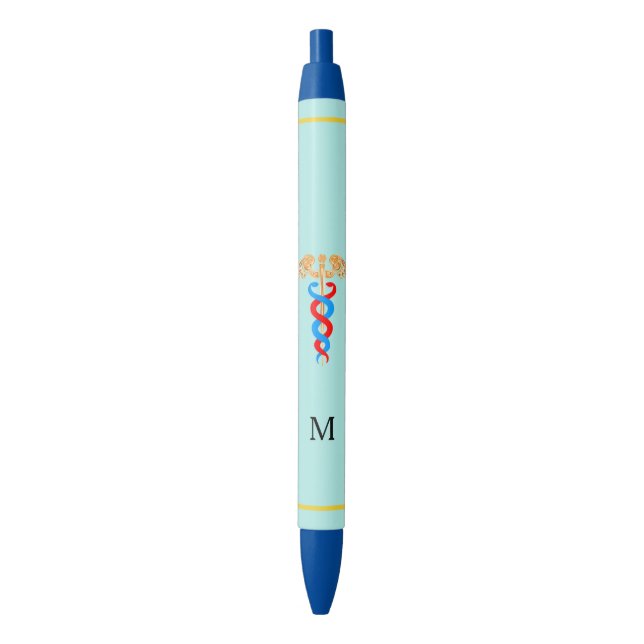 Stylo Noir Caducée et monogramme sur fond bleu clair (devant Vertical)
