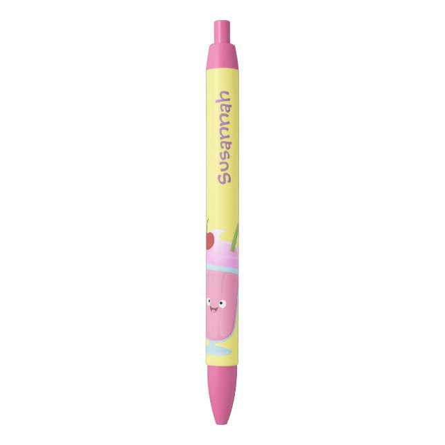 Stylo Noir Caricature de crème glacée de fraise mignonne (devant Vertical)