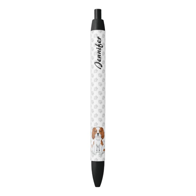 Stylo Noir Cavalier King Charles Spaniel Blenheim & Nom (devant Vertical)