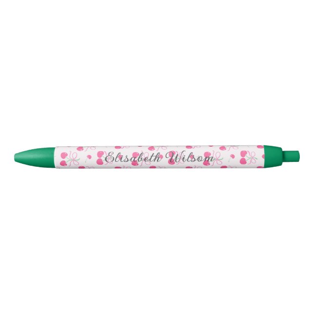 Stylo Noir Cerise Coquette Rose avec rubans Monogramme (Devant)