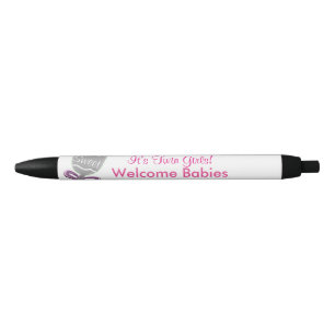 Stylo Noir C'est Twin Girls Baby Rattle Pink Bow Faire-part