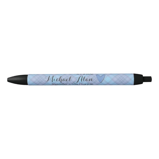 Stylo Noir C'est un Garçon Bébé Bleu Plaid Faire-part de nais (Devant)