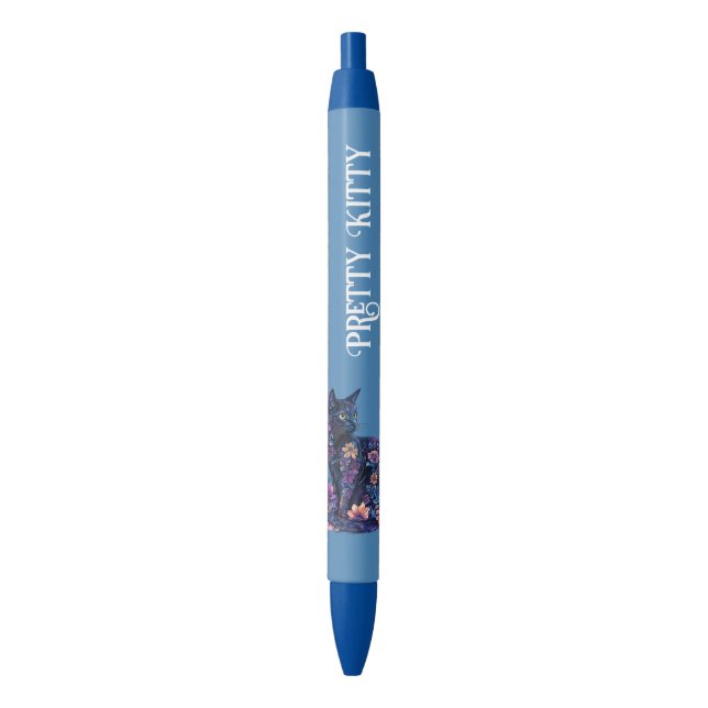Stylo Noir Chat bleu noir Fleurs Joli Minou (devant Vertical)