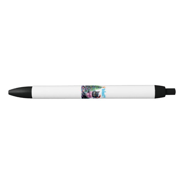 Stylo Noir Chat de Noël amusant Avec Sticker Arbre (Devant)