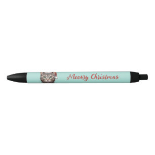 Stylo Noir Chat de Noël mignon personnalisé avec chapeau de P