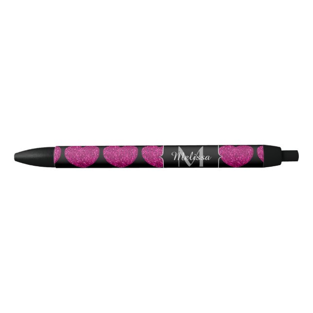 Stylo Noir Chaud coeur rose faux pétille motif Monogramme (Devant)