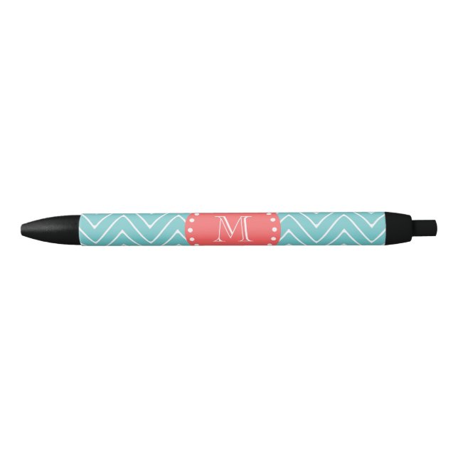 Stylo Noir Chevron turquoise et de corail avec le monogramme (Devant)
