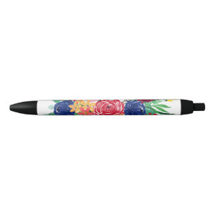Stylo Noir Chic Fleurs de couleur boho de la marine bleu et r