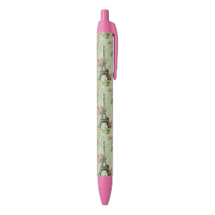 Stylo Noir chic tour de paris fleuris rose à la menthe de pr