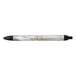 Stylo Noir Chic White Gold Parties scintillant Agate Monogram