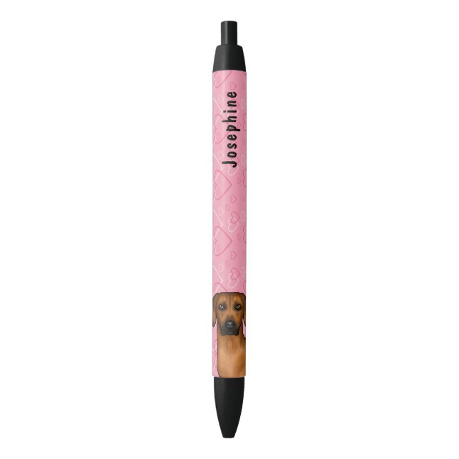 Stylo Noir Chien Rhodesian Ridgeback sur des cœurs roses avec (devant Vertical)