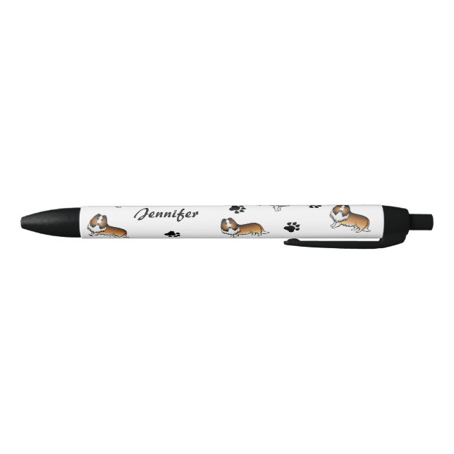 Stylo Noir Chiens Rough Collie Sable Avec Pattes & Nom (Bas)