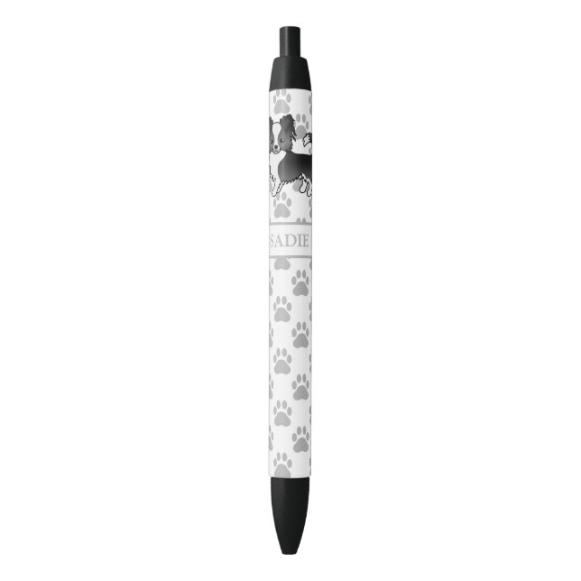 Stylo Noir Chihuahua à poil long noir et blanc & nom (devant Vertical)