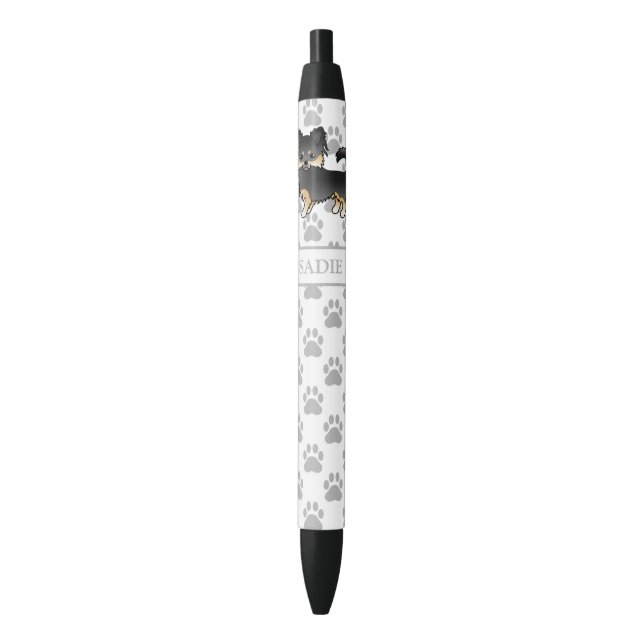 Stylo Noir Chihuahua à poil long noir et feu avec un nom mign (devant Vertical)