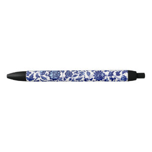 Stylo Noir Chinois bleu marine foncé motif floral sur blanc